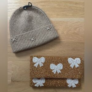 Brown Knit Beanie and Beaded Clutch Set